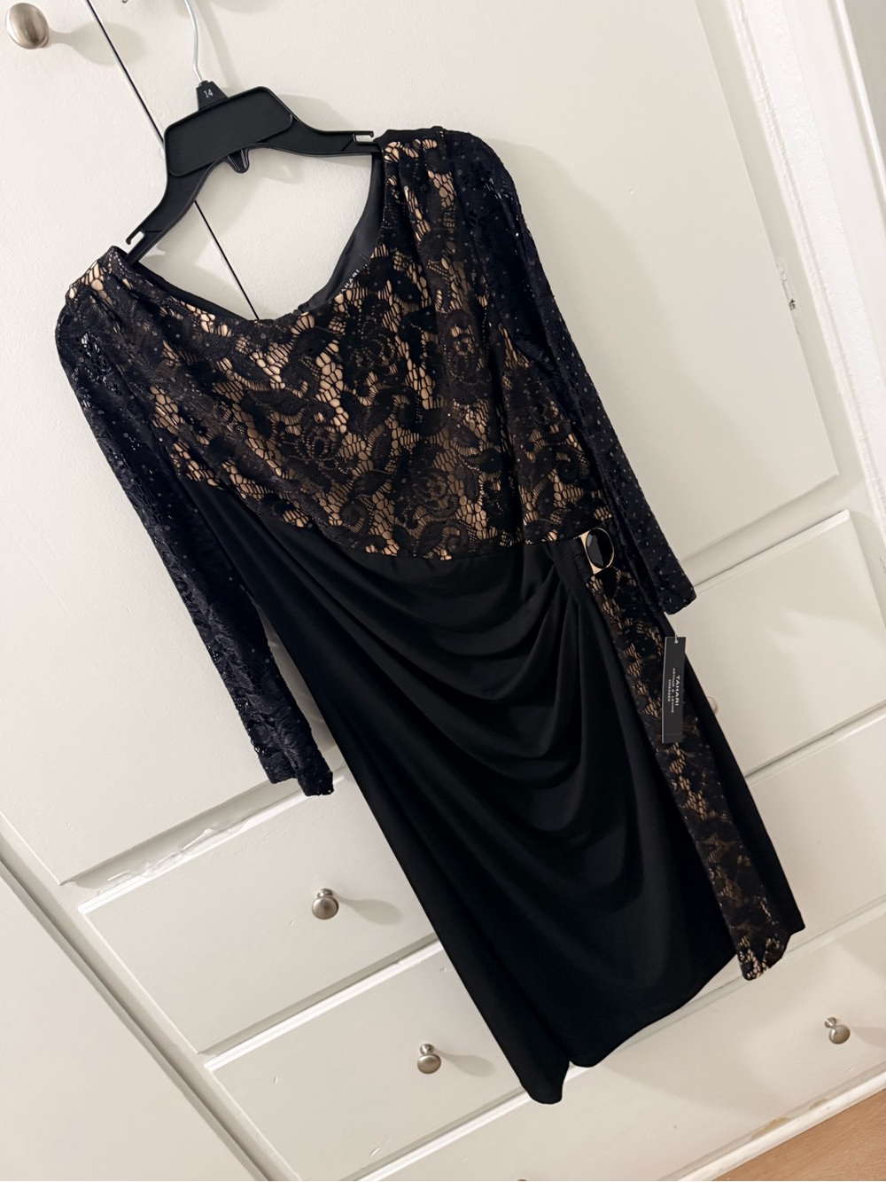 Elegant Black Lace-Accent Long Sleeve Dress by Tahari - Picture 6 of 6